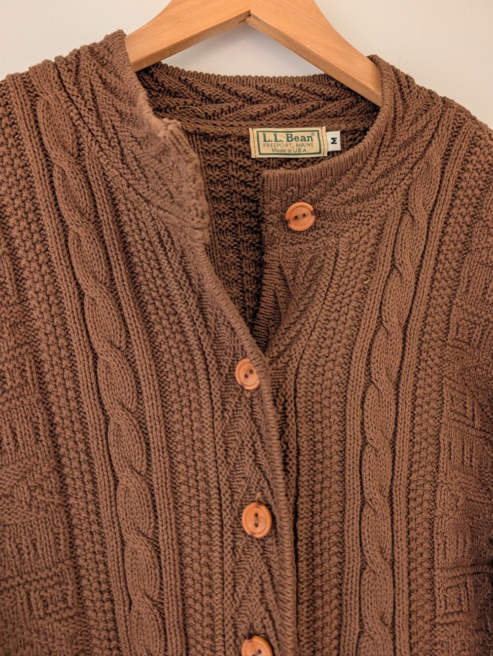 Vintage L.L.Bean Made USA Brown Cotton Cable Knit Cardigan Sweater M Cozy Autumn - Picture 2 of 8